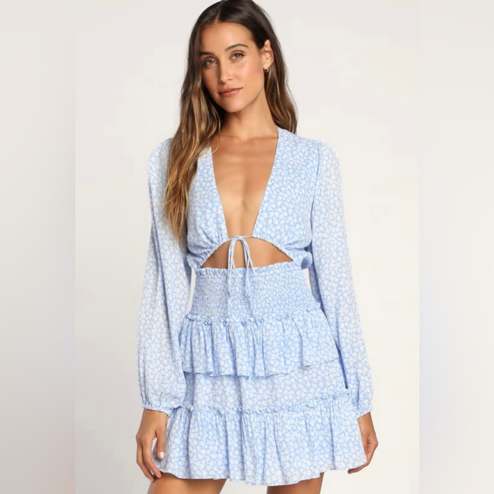 Cheery Cutie Light Blue Floral Print Tie-Front Tiered Mini Dress - Picture 2 of 6